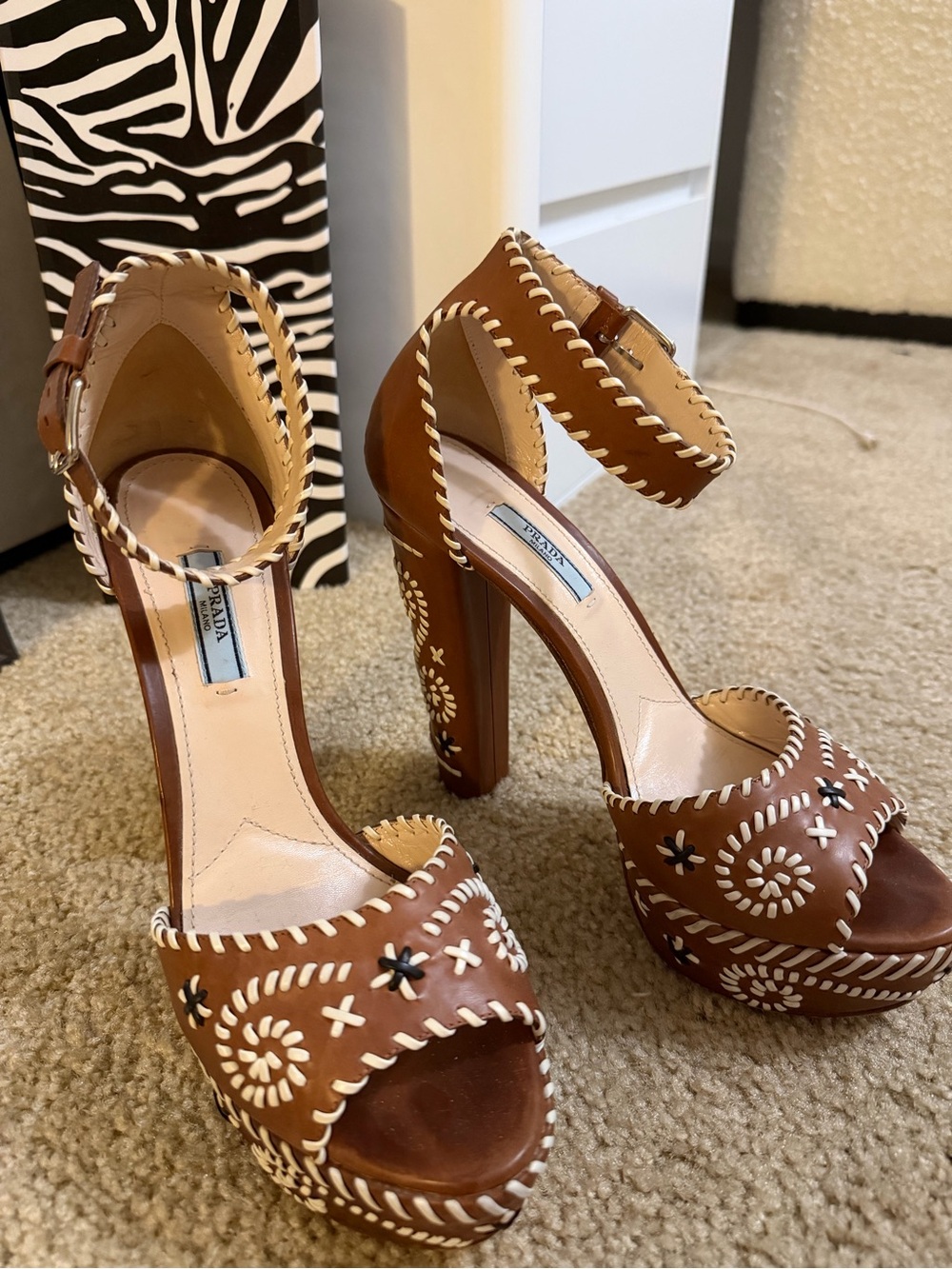 Prada Brown Leather Embroidered Platform Heels with White Stitching